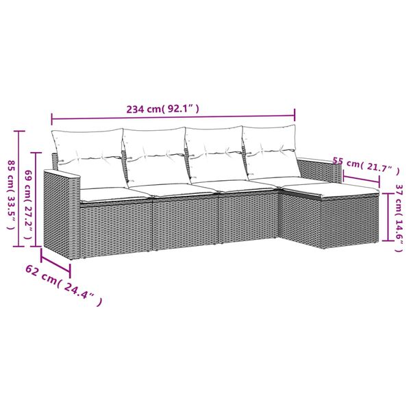 vidaXL 5-delige Loungeset met kussens poly rattan beige