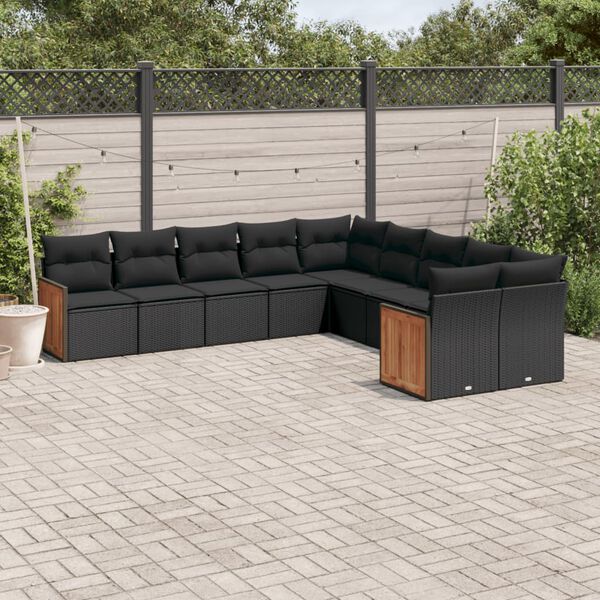vidaXL 10-delige Loungeset met kussens poly rattan zwart