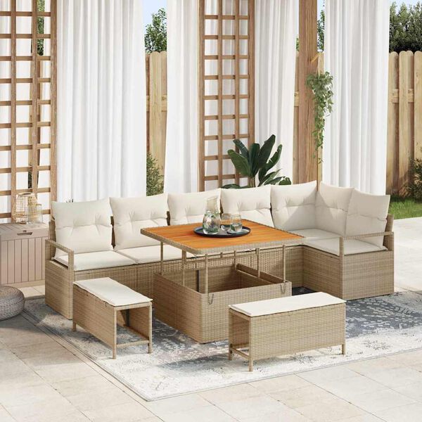 vidaXL Tuin Sofa Set met kussen met opslag 9 pcs Beige en Crème