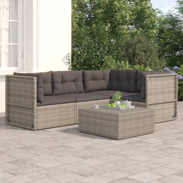 vidaXL 4-delige Loungeset met kussens poly rattan grijs