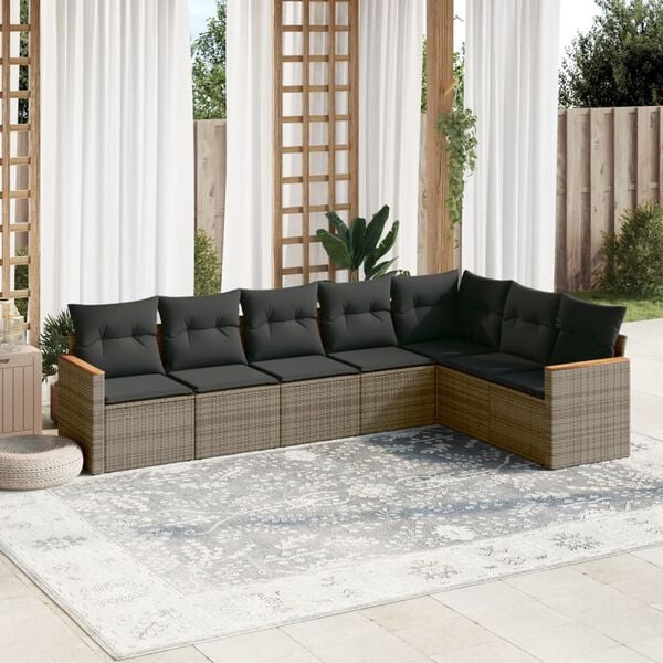 vidaXL 7-delige Loungeset met kussens poly rattan grijs