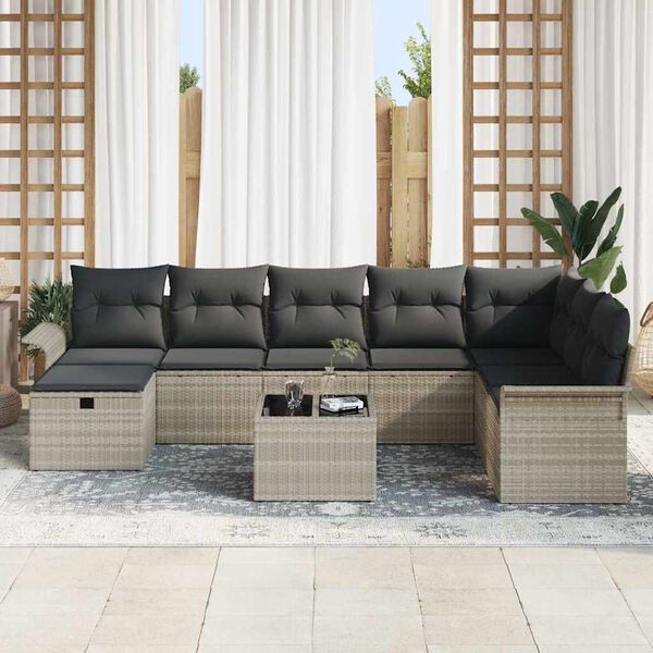 vidaXL Tuin Sofa Set met kussen met opslag 9 pcs Lichtgrijs Poly riet