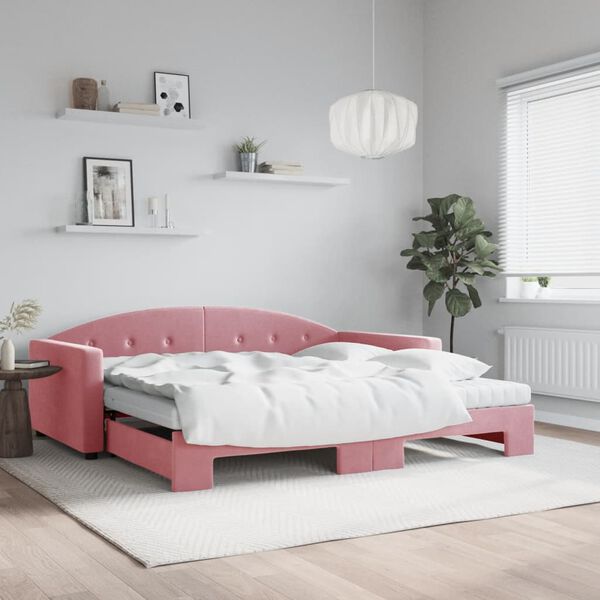 vidaXL Slaapbank onderschuifbed en matrassen 100x200 cm fluweel roze