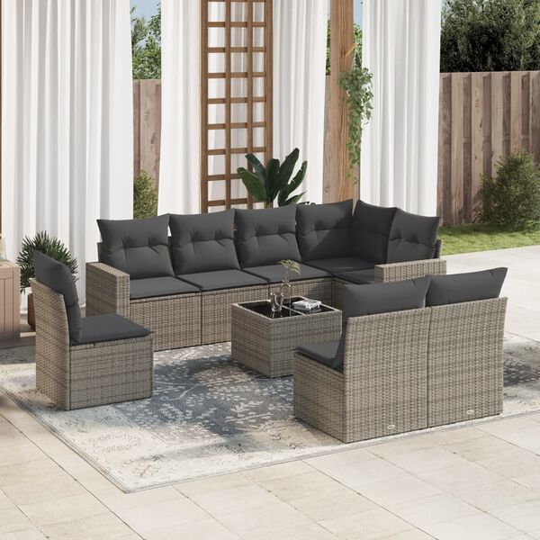 vidaXL 9-delige Loungeset met kussens poly rattan grijs