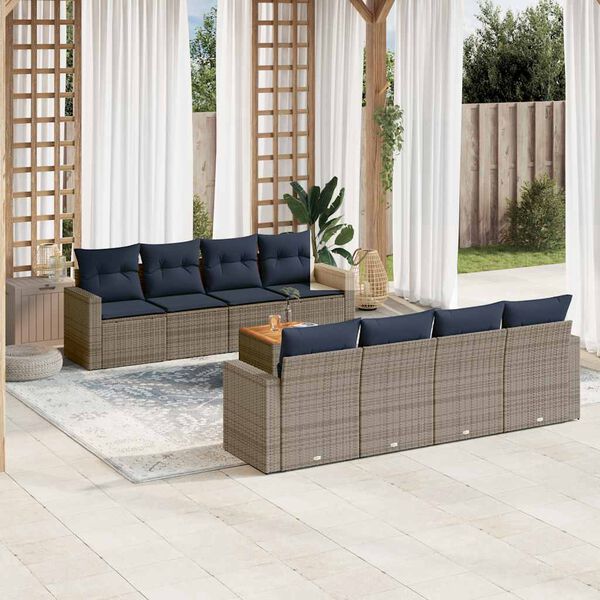 vidaXL 9-delige Loungeset met kussens poly rattan grijs
