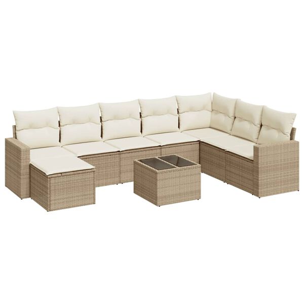vidaXL 9-delige Loungeset met kussens poly rattan beige
