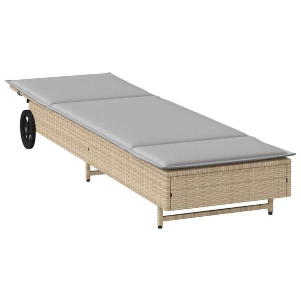 vidaXL Ligbed met wielen en kussen poly rattan beige