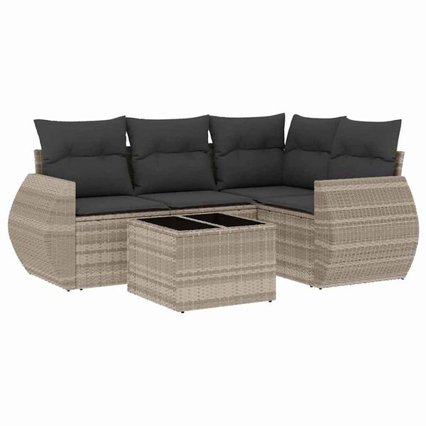 vidaXL 5-delige Loungeset met kussens poly rattan lichtgrijs