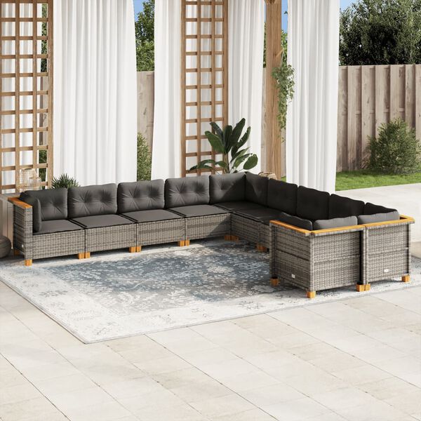 vidaXL 10-delige Loungeset met kussens poly rattan grijs