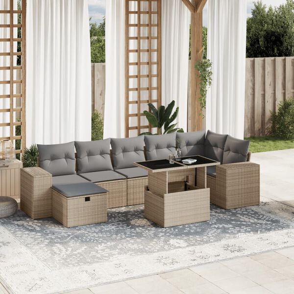 vidaXL 8-delige Loungeset met kussens poly rattan beige