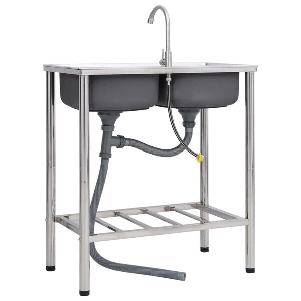 vidaXL Campinggootsteen dubbele bakken met kraan roestvrij staal