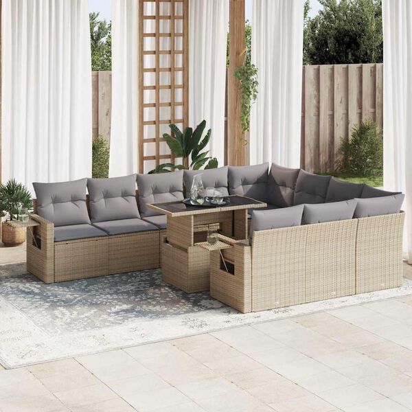 vidaXL 11-delige Tuinset met kussens poly rattan beige