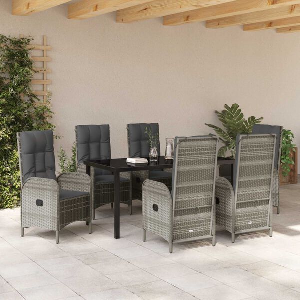 vidaXL Tuin eettafelset met kussen 7 pcs Grijs poly rattan