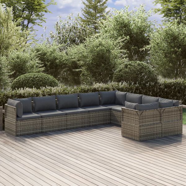 vidaXL 9-delige Loungeset met kussens poly rattan grijs