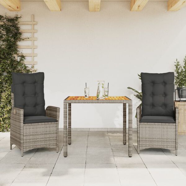 vidaXL 3-delige Tuinset met kussens poly rattan grijs