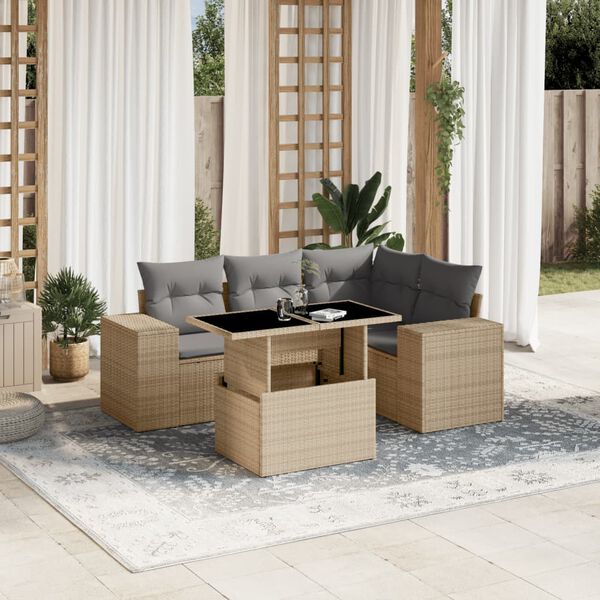 vidaXL 5-delige Loungeset met kussens poly rattan beige