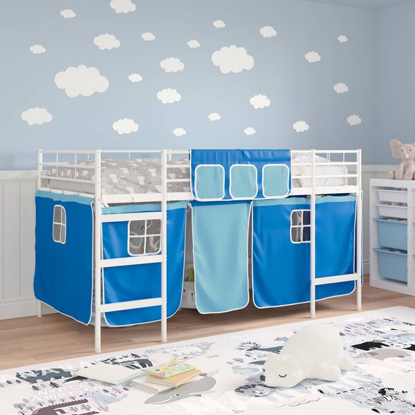 vidaXL Loftbedframe voor Kinderen met Gordijnen Wit en Blauw