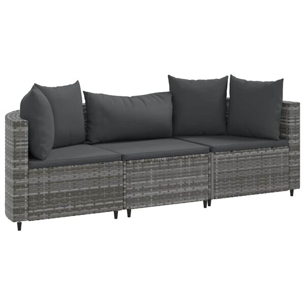 vidaXL 3-delige Loungeset met kussens poly rattan grijs