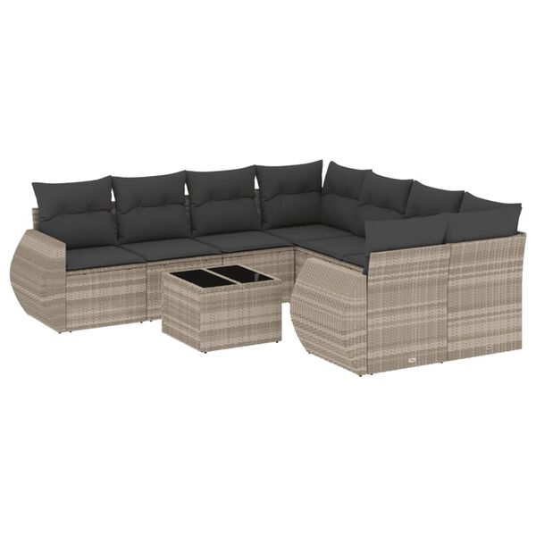 vidaXL 9-delige Loungeset met kussens poly rattan lichtgrijs