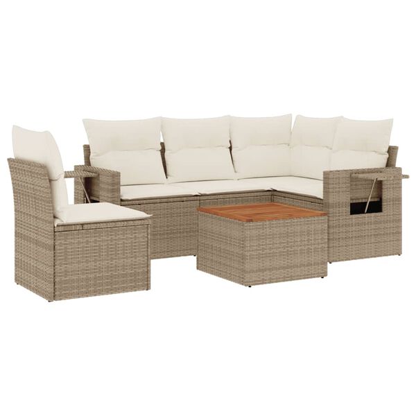 vidaXL 6-delige Loungeset met kussens poly rattan beige