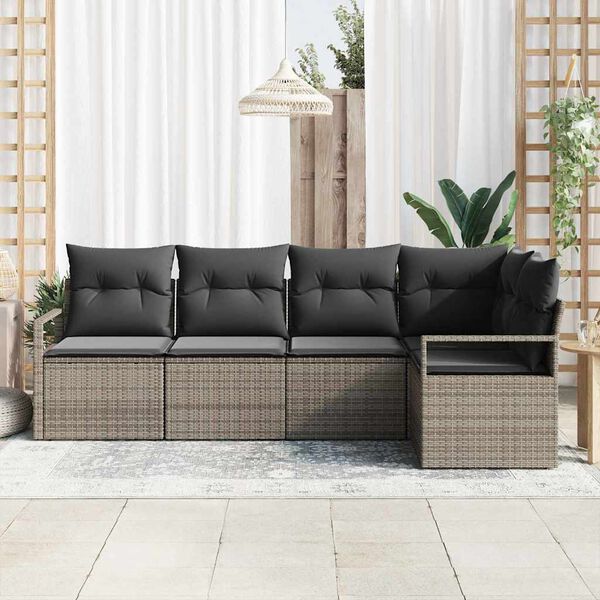 vidaXL Tuin Sofa Set 5 pcs Grijs Poly Rattan en Poedergecoat Staal