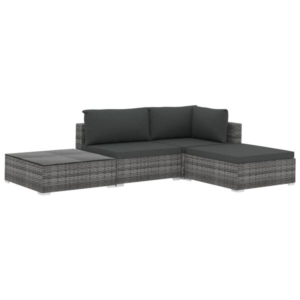 vidaXL 4-delige Loungeset met kussens poly rattan grijs