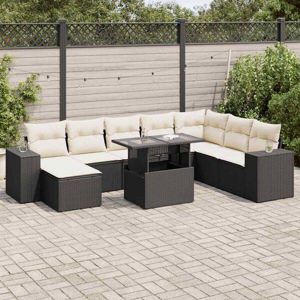 vidaXL 9-delige Loungeset met kussens poly rattan zwart