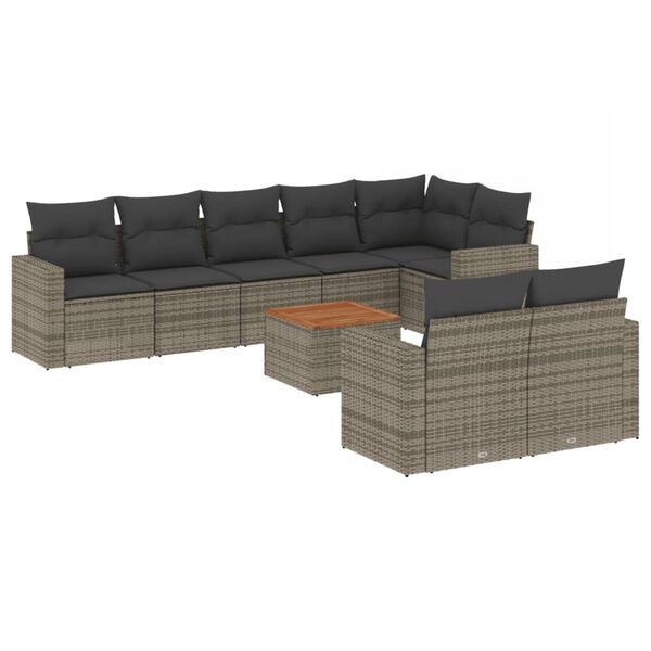vidaXL 9-delige Loungeset met kussens poly rattan grijs