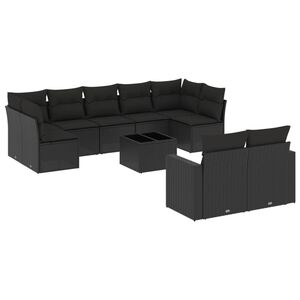 vidaXL 10-delige Loungeset met kussens poly rattan zwart