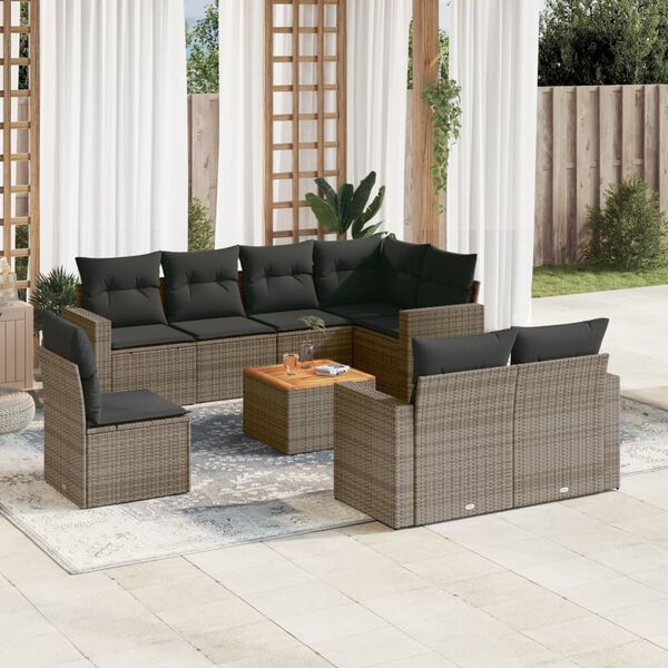 vidaXL 9-delige Loungeset met kussens poly rattan grijs