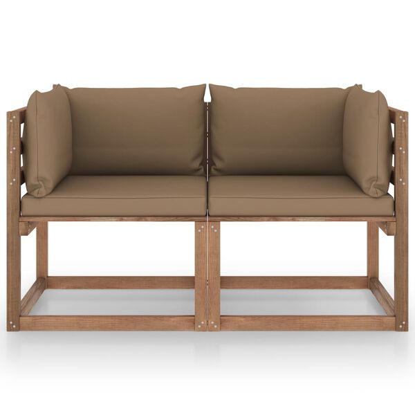 vidaXL Tuinbank 2-zits pallet met taupe kussens grenenhout
