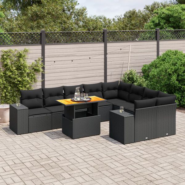vidaXL 10-delige Loungeset met kussens poly rattan zwart