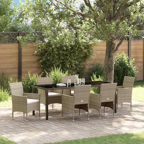 vidaXL Tuin eettafelset met kussen 7 pcs Beige poly rattan