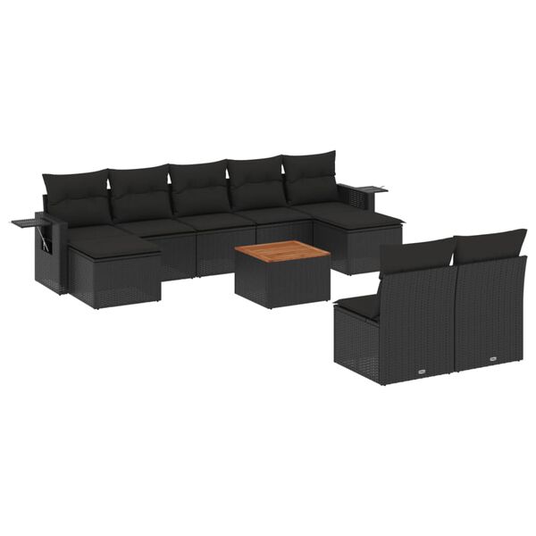 vidaXL 10-delige Loungeset met kussens poly rattan zwart