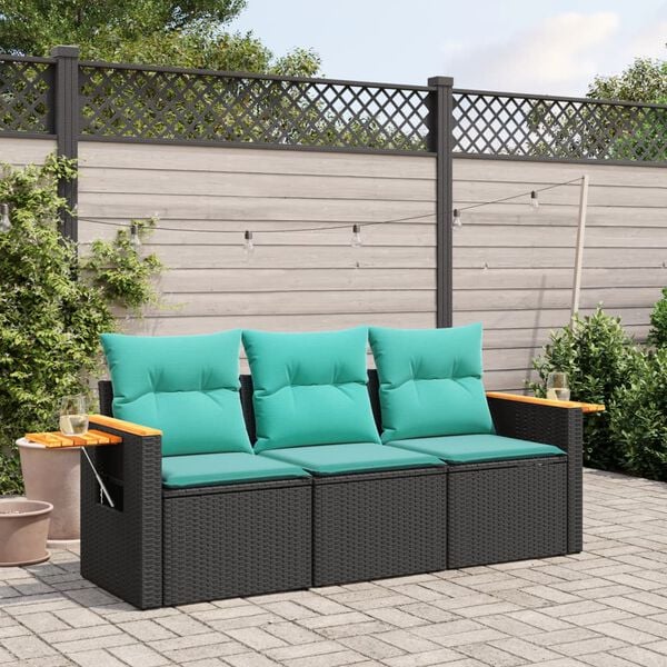 vidaXL 3-delige Loungeset met kussens poly rattan zwart