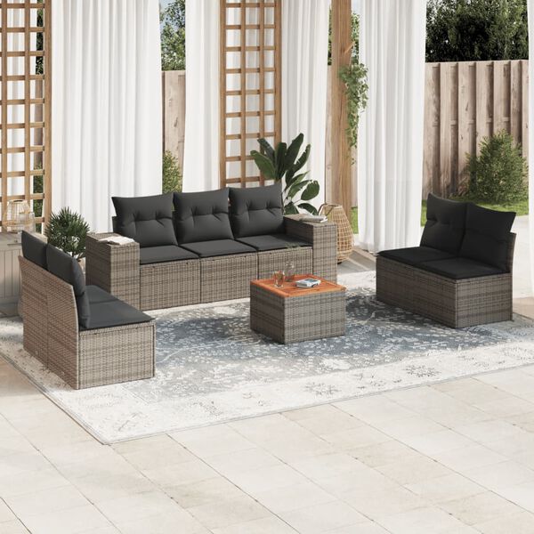vidaXL 8-delige Loungeset met kussens poly rattan grijs