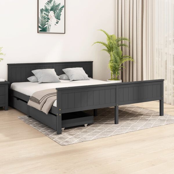 vidaXL Bedframe met 2 lades massief grenenhout donkergrijs 200x200 cm