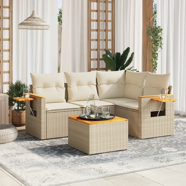 vidaXL 5-delige Loungeset met kussens poly rattan beige