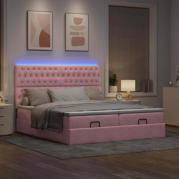 vidaXL Ottoman bed met matrassen en LED's 200x200cm fluweel roze