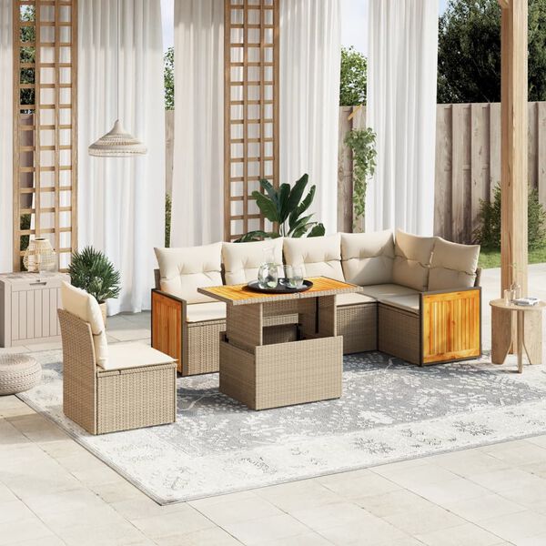 vidaXL 7-delige Loungeset met kussens poly rattan beige