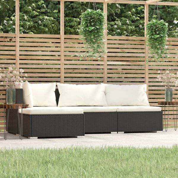 vidaXL 4-delige Loungeset met kussens poly rattan zwart