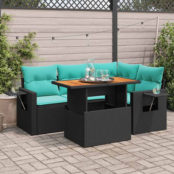 vidaXL 5-delige Loungeset met kussens poly rattan zwart