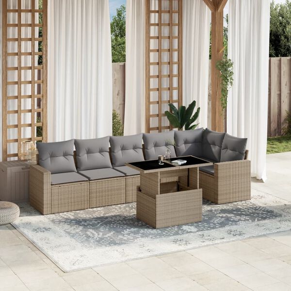 vidaXL 7-delige Loungeset met kussens poly rattan beige