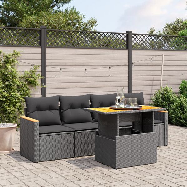 vidaXL 5-delige Loungeset met kussens poly rattan zwart