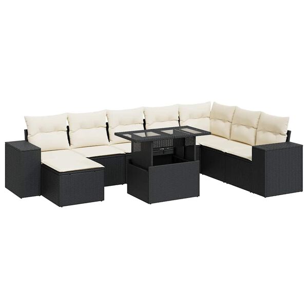 vidaXL 9-delige Loungeset met kussens poly rattan zwart