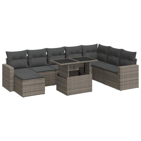 vidaXL 9-delige Loungeset met kussens poly rattan grijs