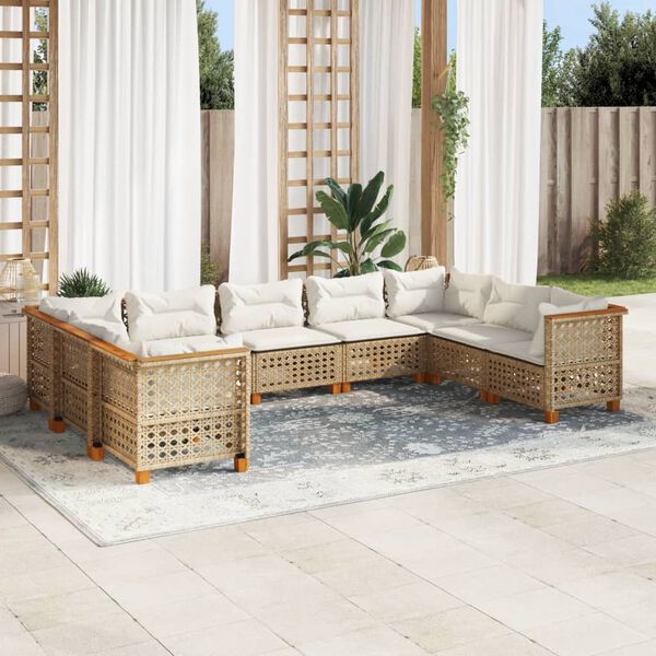 vidaXL 9-delige Loungeset met kussens poly rattan beige