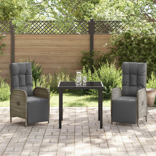 vidaXL Tuin eettafelset met kussen 3 pcs Grijs poly rattan