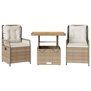 vidaXL 3-delige Tuinset met kussens poly rattan beige