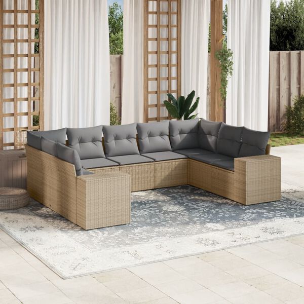 vidaXL 9-delige Loungeset met kussens poly rattan beige